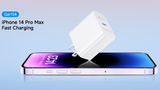 A white GaN154 fast charging wall charger floating above a smartphone, with text reading 'Gar154 iPhone 14 Pro Max Fast Charging' on a light blue gradient background.