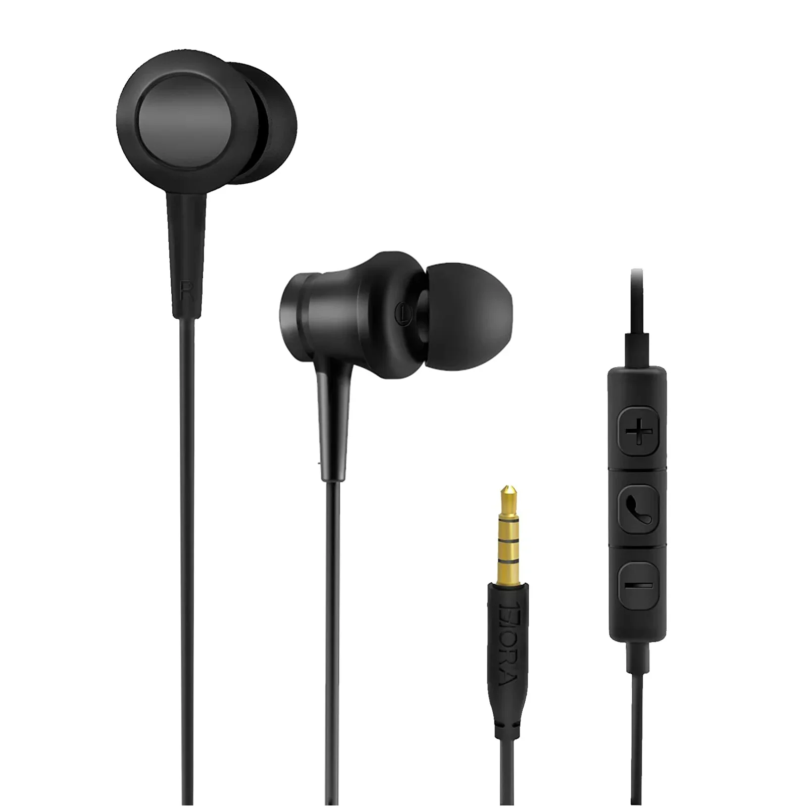 Black in-ear headphones with a control unit on a white background