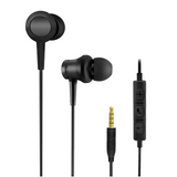 Black in-ear headphones with a control unit on a white background