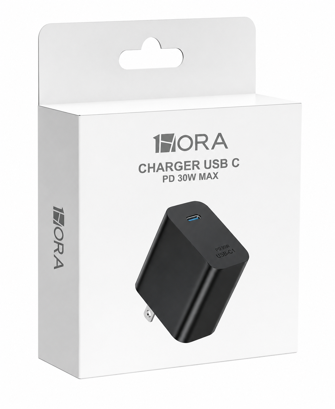 White retail packaging box for an IORA charger USB C PD 30W MAX, featuring a printed black charger illustration on the front.