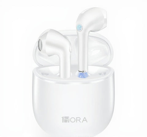 White wireless earbuds with charging case on a white background