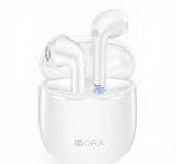 White wireless earbuds with charging case on a white background
