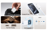 Product advertisement with a hand holding a travel adapter, smartphone, and close-up of charging ports.