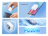 A 2x2 promotional graphic for a white PD20W travel power adapter. The top-left panel shows a hand placing the white adapter into a black travel pouch, labeled 'Travel-Light Essential.