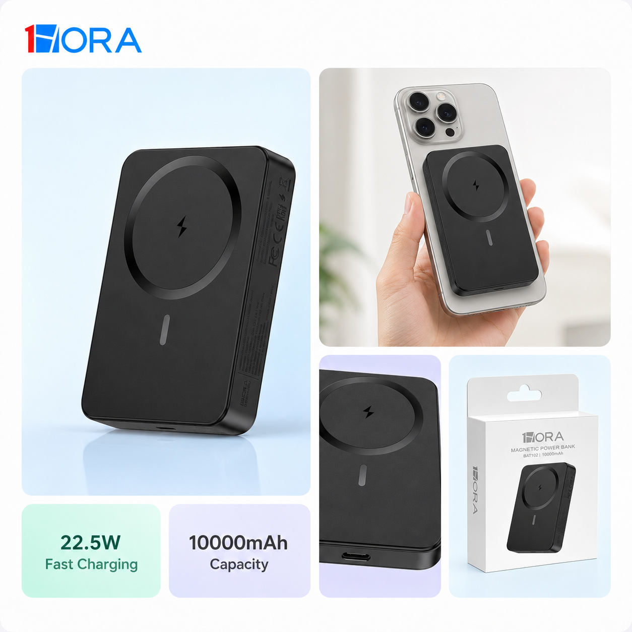 1HORA BAT102 10,000mAh Magnetic Wireless Power Bank – 22.5W Fast Charging