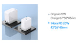 Two white rectangular wall chargers displayed on black charging docks against a light blue background, with text on the right reading 'Original 20W Charger 67*30*83mm' and '1Hora PD 20W 42*26*45mm'.