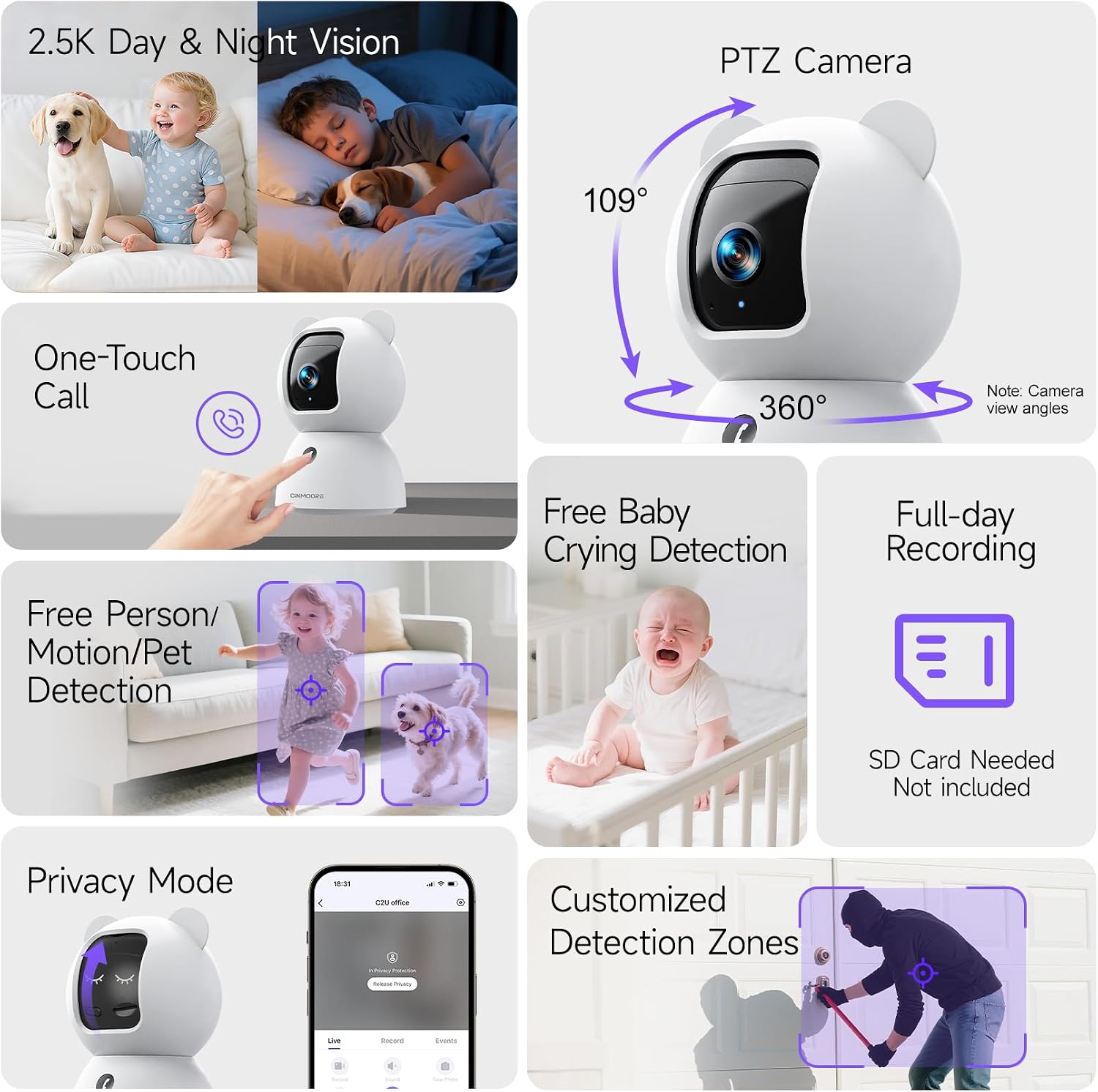 CiNMOORE C2LU 2.5K Indoor Security Camera – 360° Pan & Tilt, AI Tracking, Night Vision