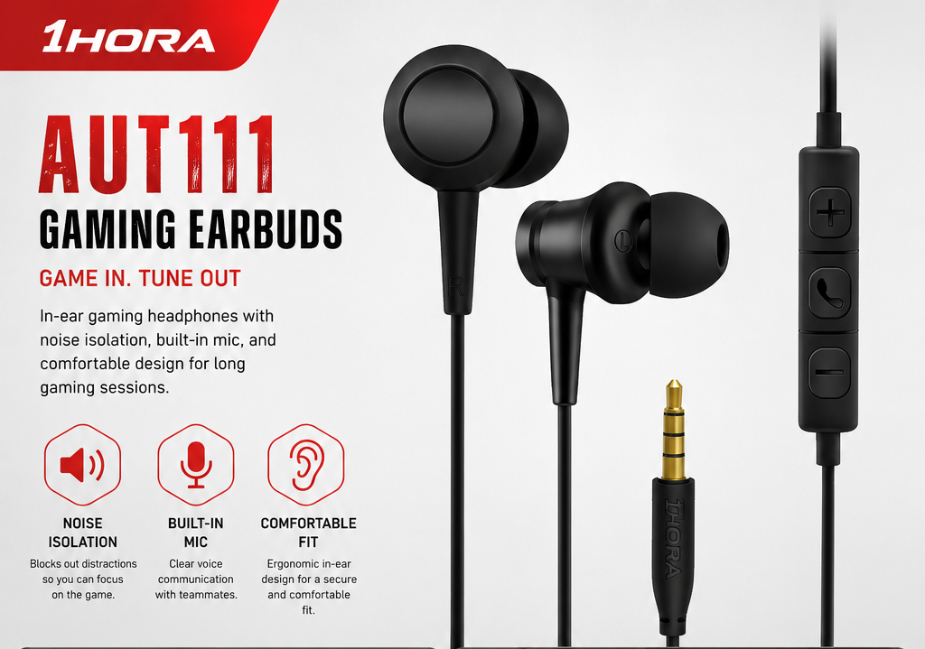 Gaming earbuds with features and specifications on a white background