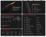 Gaming earbuds with features and specifications on a white background