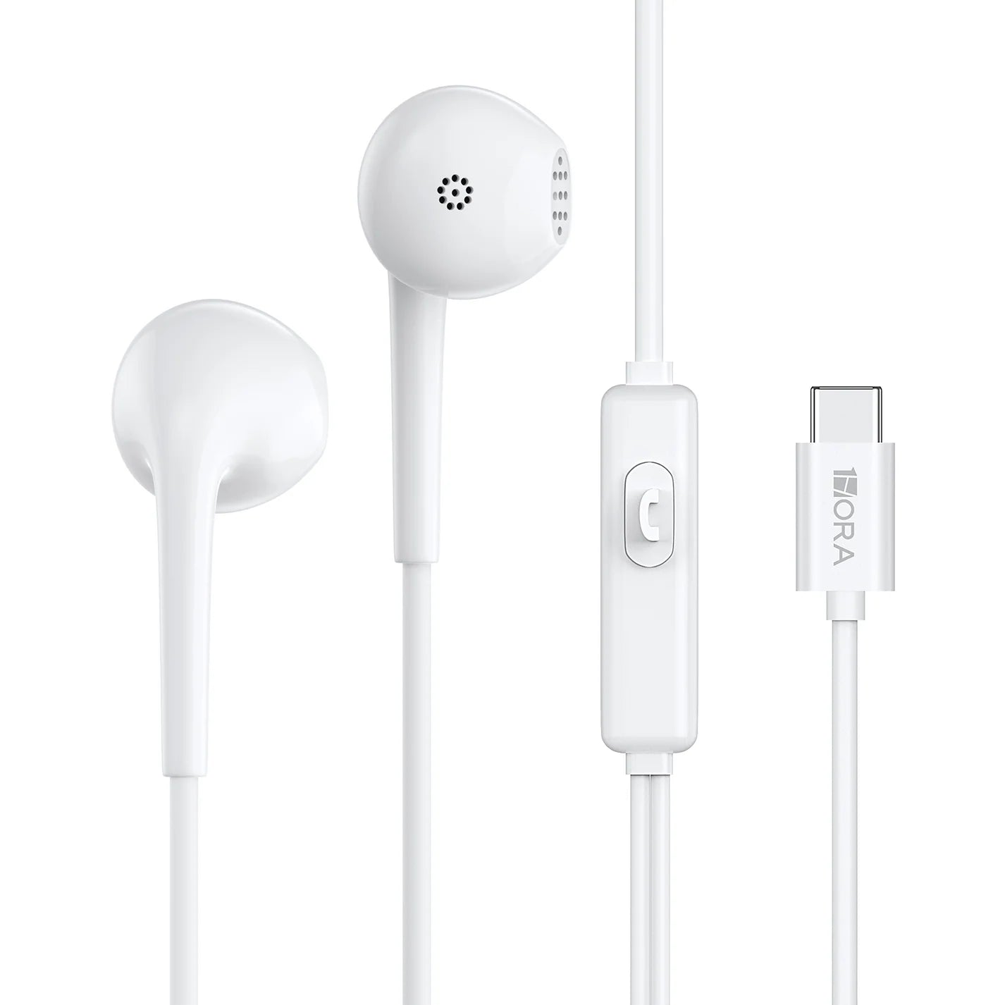 White earphones with a USB-C connector on a white background