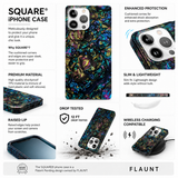 Promotional image of a colorful phone case with features listed on a white background.