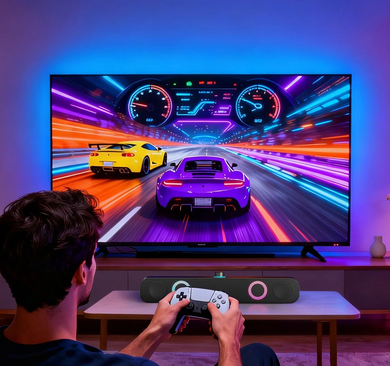 Bluetooth RGB speakers for gaming desk setup close shot
