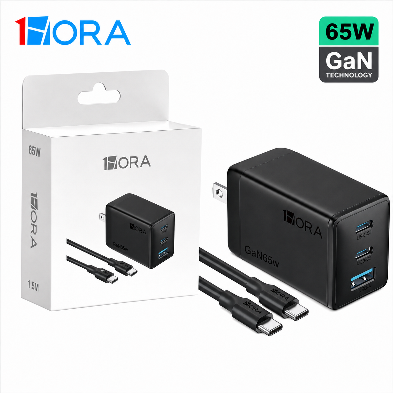 65W GaN Fast Charger GAR322 with 3 Ports – USB-C PD Fast Charging Block for iPhone, Android & MacBook