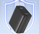 Black electronic device with icons on a blue background