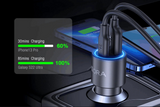 Car charger with multiple connectors and charging speeds displayed on a dark background