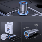 Car charger with multiple connectors and charging speeds displayed on a dark background