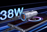 Car charger with multiple connectors and charging speeds displayed on a dark background