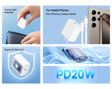 Product advertisement with text 'Travel-Light Essential', 'For Mobile Phones', 'Rapid & Reliable', and 'PD20W' on a blue background.