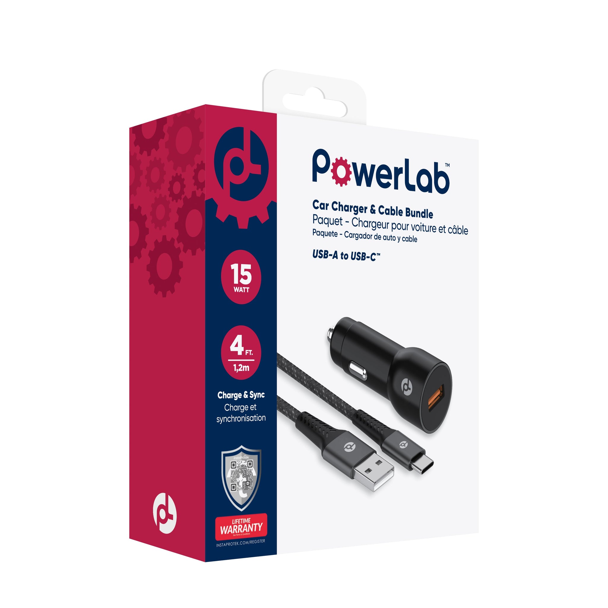 PowerLab 2in1 Bundle 15W USB-A Car Charger with 4ft USB-A to C Cable