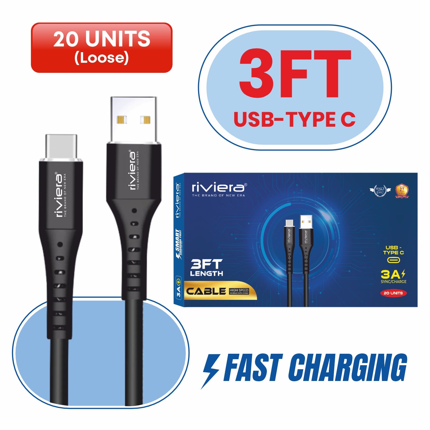 20X LOOSE Cable in CounterDisplay Box - 3FT Fast Charging Cable [USB - Type C (PD)] - Black w/ Black Shell (25)