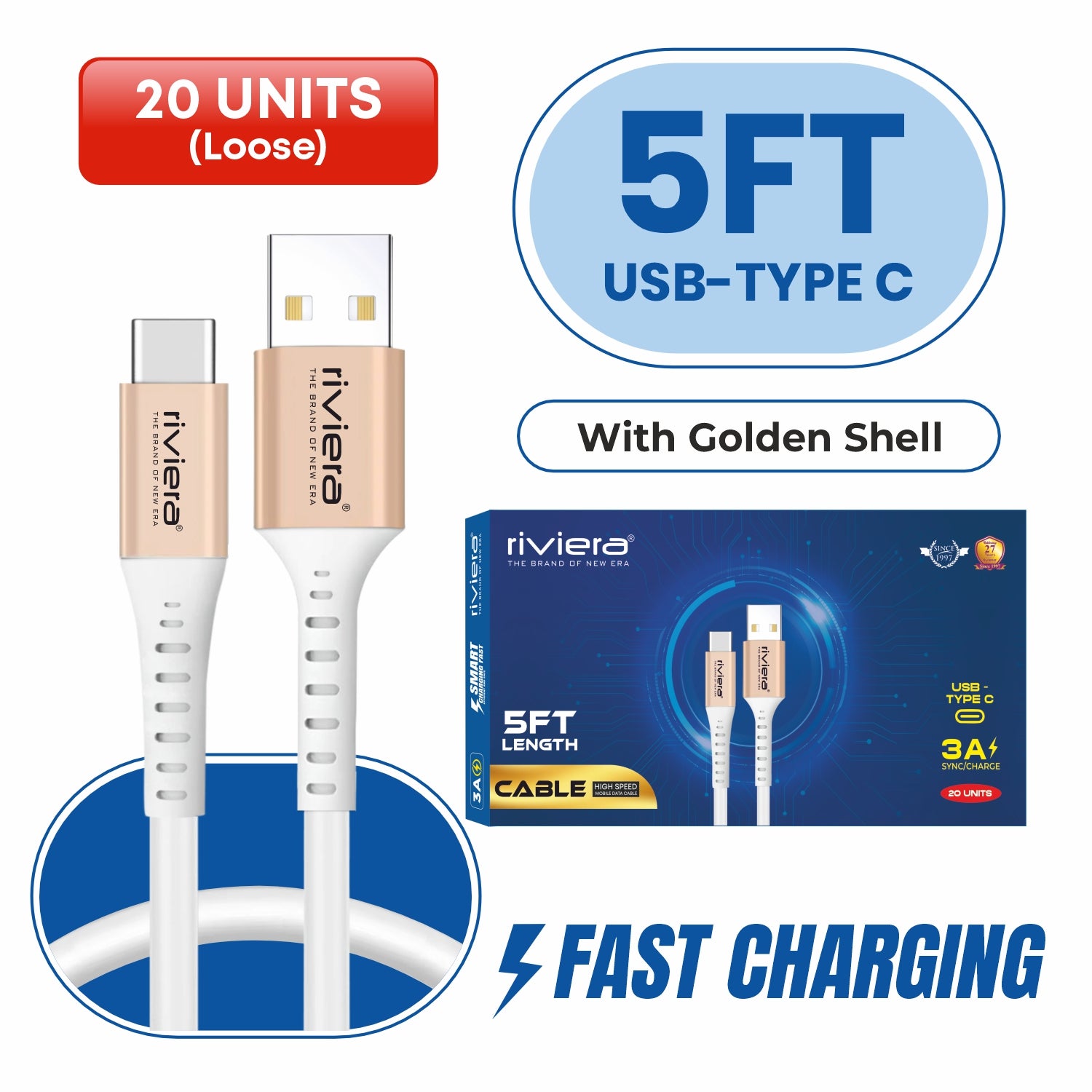 20X LOOSE Cable in CounterDisplay Box - 5FT Fast Charging Cable [USB - Type C (PD)] - White w/ Golden Shell (20)