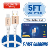 20X LOOSE Cable in CounterDisplay Box - 5FT Fast Charging Cable [USB - Type C (PD)] - White w/ Golden Shell (20)