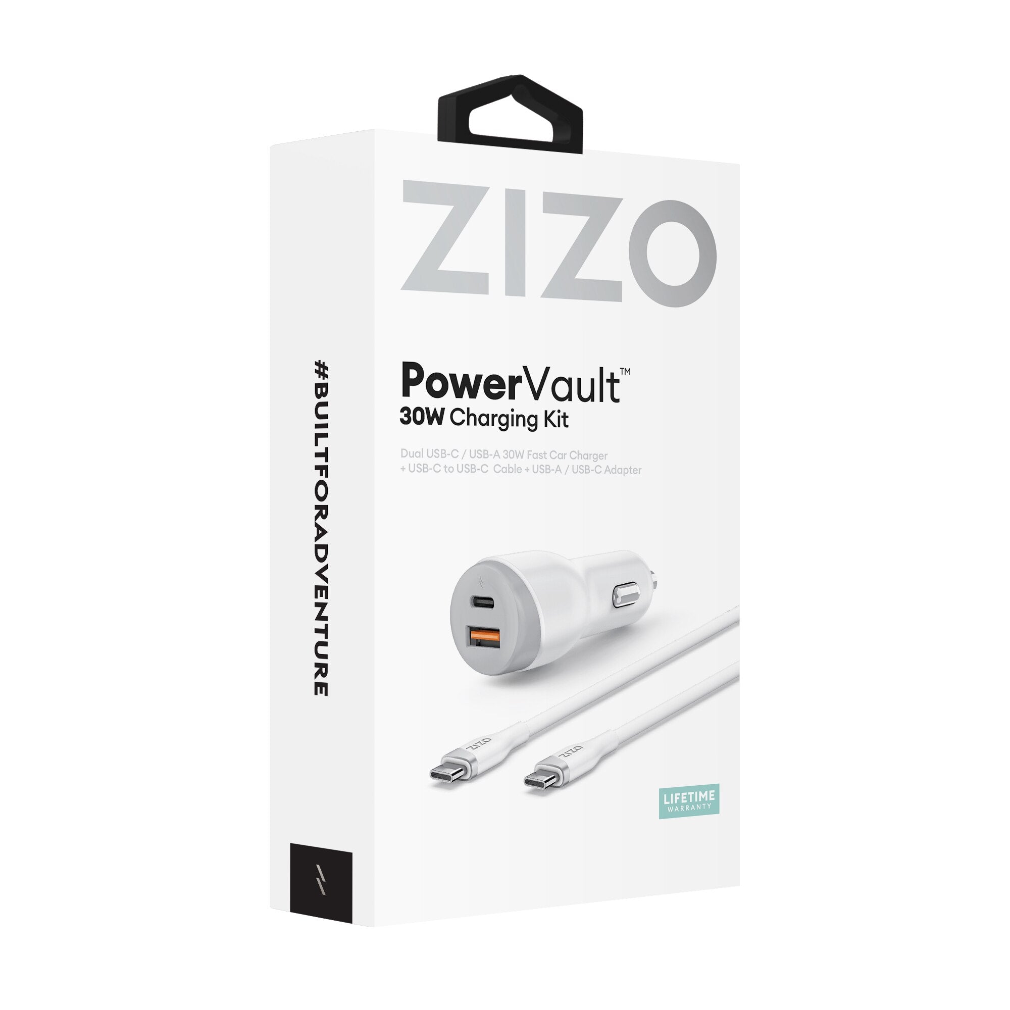 ZIZO PowerVault 30W Dual Port Car Charger Bundle + USB-C Cable + USB-A Adapter