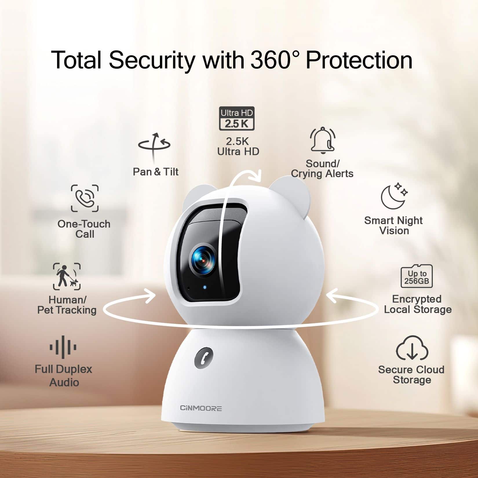 CiNMOORE C2LU 2.5K Indoor Security Camera 360 Pan Tilt