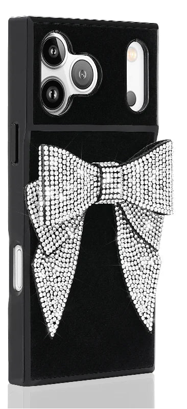 Black phone case with a decorative bow and text highlighting features on a white background