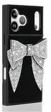 Black phone case with a decorative bow and text highlighting features on a white background