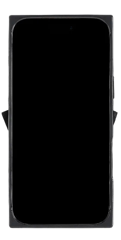Black phone case with certification text on a white background