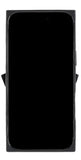 Black phone case with certification text on a white background