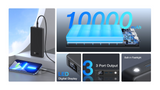 A 10000mAh portable power bank shown in a multi-panel marketing graphic. The panels depict the black power bank charging a smartphone, a 3-port USB output, a digital LED display screen, a built-in flashlight, and a blue heat-dissipating heat sink on a gray background.