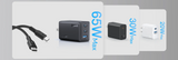 A set of USB-C charging adapters and cables shown on a light gray background, including a black 65W USB-C cable, a black 65W dual-port charger, a black 30W charger, and a white 20W charger, with blue text labels indicating power levels.