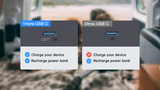A digital infographic comparing USB-C charging capabilities, showing two dark gray USB-C port mockups side by side. The left port is labeled '1Hora USB C' with blue arrows indicating bidirectional charging, and the right port is labeled 'Otros USB C' with a red叉 indicating it only supports one-way charging.