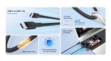 USB C to USB C 3A cable with features highlighted on a blue background
