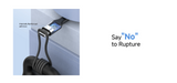 Close-up of a hose with a black rubber sleeve and a blue label, with text 'Say No to Rupture' on a white background.