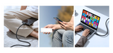 Three scenes showing a person using a smartphone, a laptop with a video call, and a power bank.